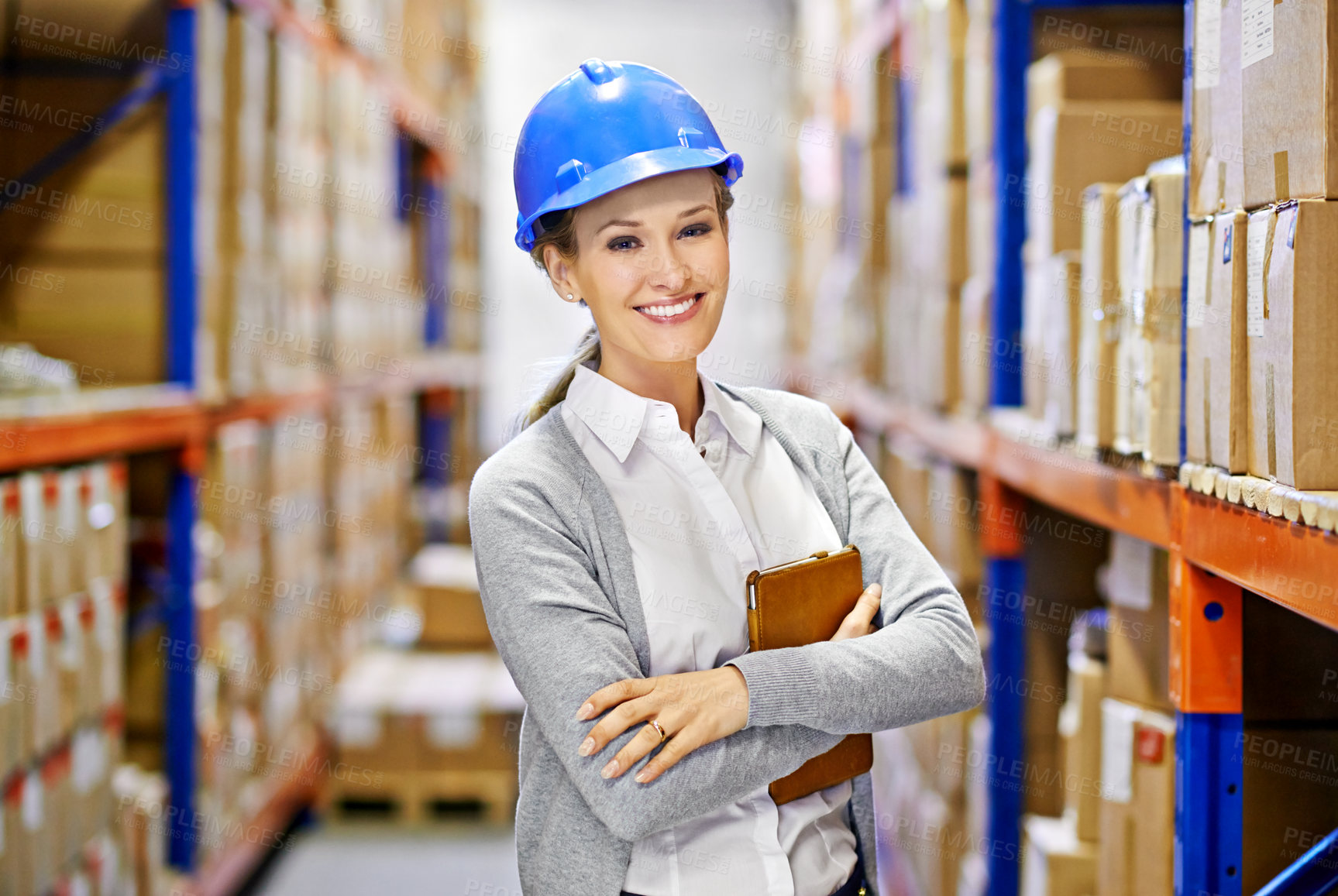 Buy stock photo Tablet, portrait or woman in warehouse for storage, shipping delivery, product or stock in factory by shelf. Packaging, logistics, boxes or inspection on package or cargo for online order on website
