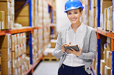 Buy stock photo Tablet, portrait or woman in warehouse for safety, shipping delivery, product or stock in factory by shelf. Printing logistics, happy inspector or boxes for package or cargo for online order on web