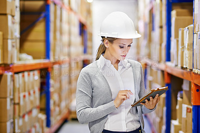 Buy stock photo Tablet, inspector or woman in warehouse for safety, shipping delivery, product or stock in factory by shelf. Printing logistics, inspection or boxes for package or cargo for online order on website