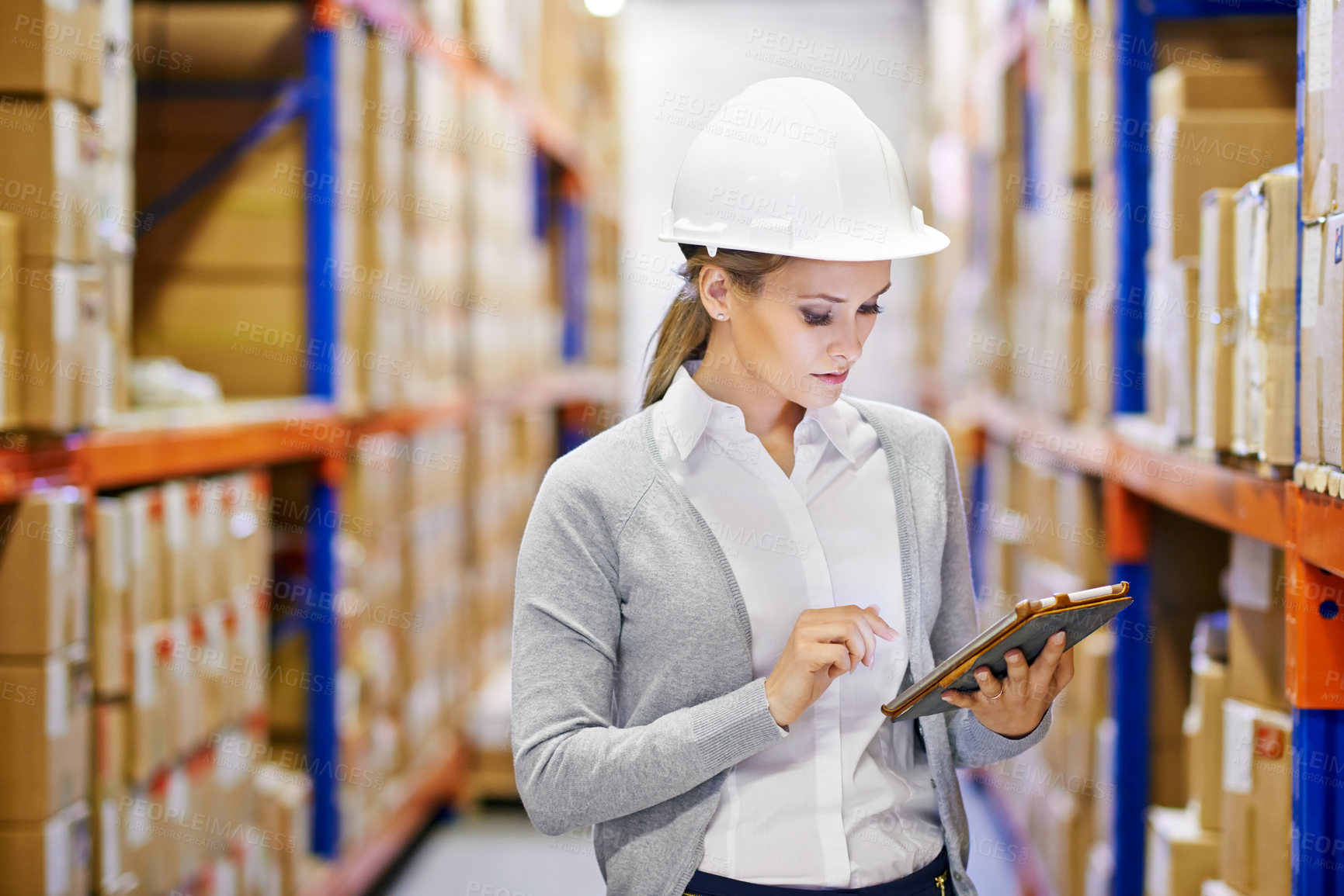 Buy stock photo Tablet, inspector or woman in warehouse for safety, shipping delivery, product or stock in factory by shelf. Printing logistics, inspection or boxes for package or cargo for online order on website