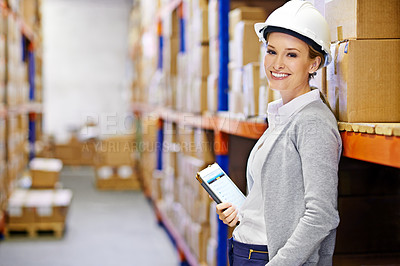 Buy stock photo Tablet, smile or woman in warehouse for safety, shipping delivery, product or stock in factory by shelf. Printing logistics, happy inspector or boxes for package or cargo for online order on website