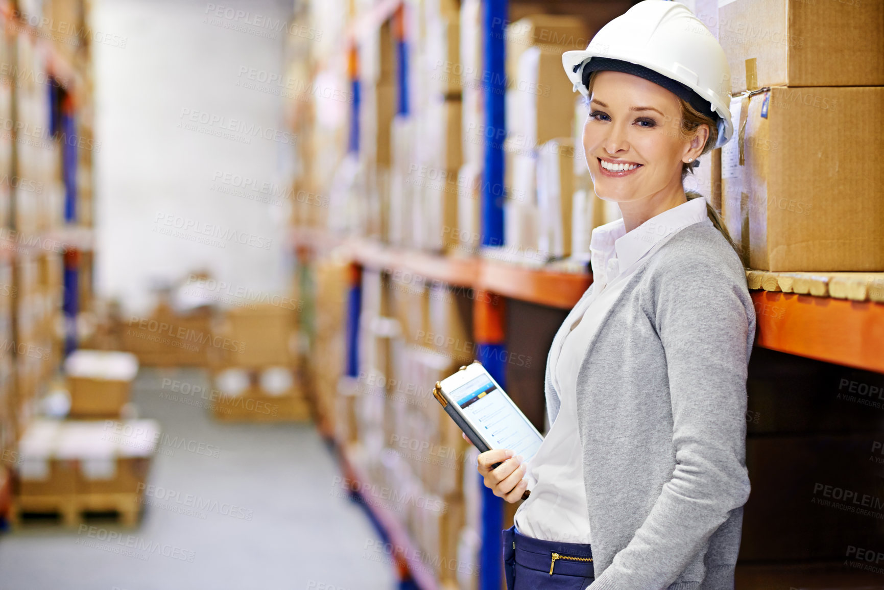 Buy stock photo Tablet, smile or woman in warehouse for safety, shipping delivery, product or stock in factory by shelf. Printing logistics, happy inspector or boxes for package or cargo for online order on website