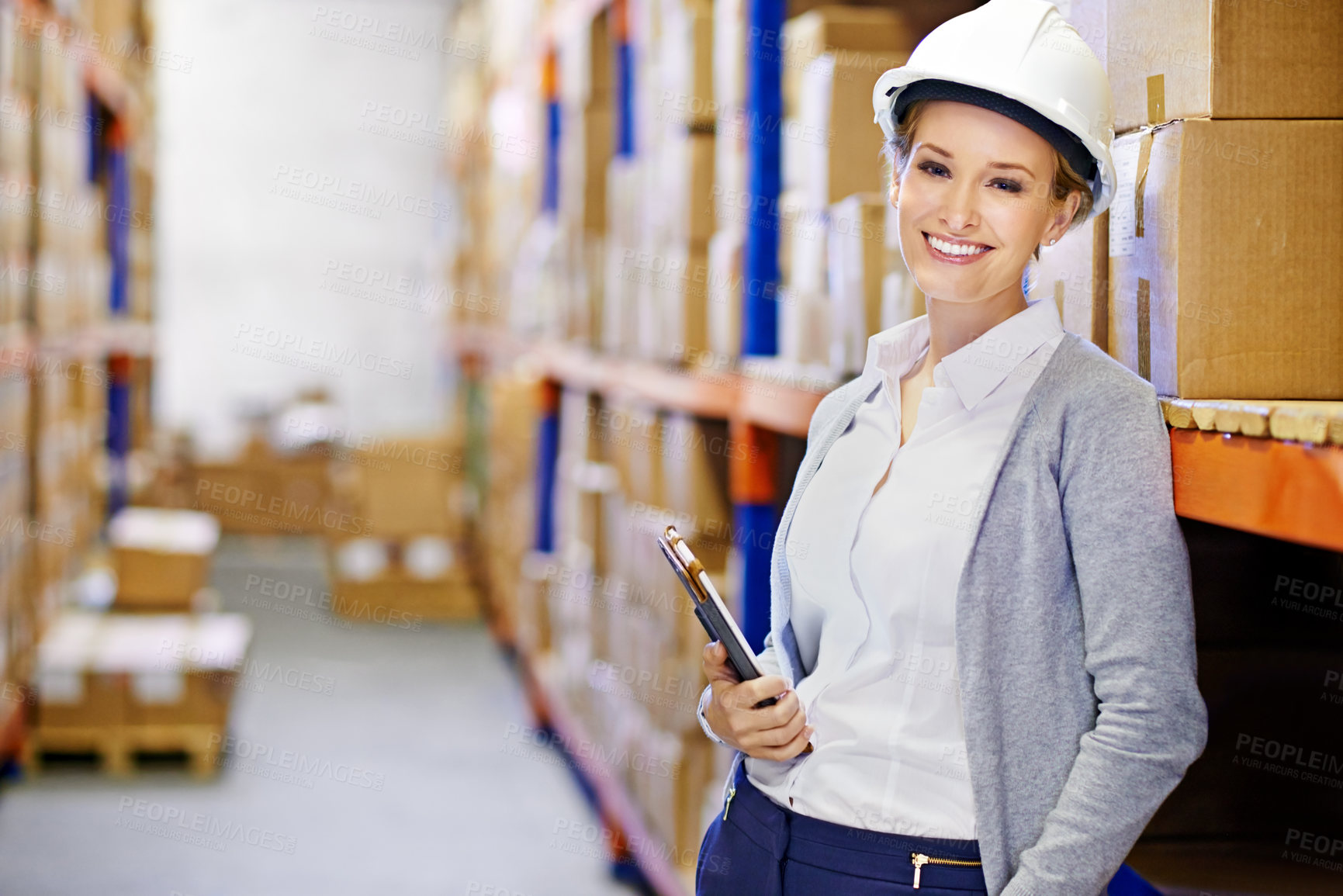 Buy stock photo Tablet, happy or woman in warehouse for safety in shipping delivery, product or factory stock by shelf. Industrial logistics, proud inspector or boxes for package or cargo for online order on website