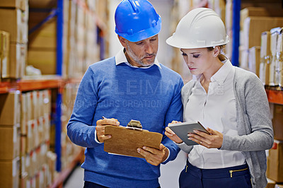 Buy stock photo Checklist, tablet or people in warehouse for logistics info for a delivery order, boxes or website in a plant. Online, teamwork or factory workers with product, package or wholesale cargo shipping
