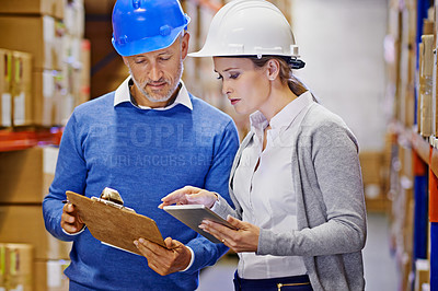 Buy stock photo Checklist, tablet or people in factory for logistics info for a delivery order, boxes or website in a plant. Online, teamwork or warehouse workers with product, package or wholesale cargo shipping