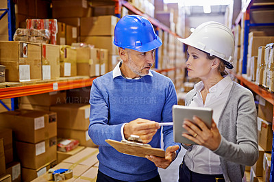 Buy stock photo Teamwork, tablet or people in warehouse for inspection info for a delivery order, boxes or website in a plant. Online, checklist or factory workers with product, package or wholesale cargo shipping