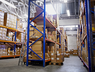 Buy stock photo Warehouse, boxes and inventory with distribution, storage and cardboard with shelves and manufacturing. Import, export and industry with package, courier or cargo with service, supply chain and stock