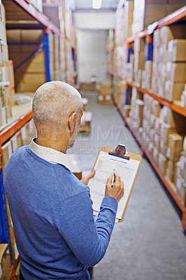 Buy stock photo Distribution, warehouse and man with clipboard for inspection, supply chain and quality control checklist. Factory, shipping and person with documents for logistics, manufacturing and production