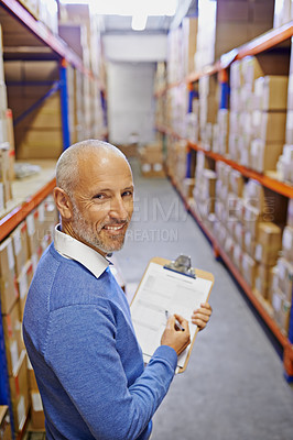 Buy stock photo Warehouse, portrait or senior man with clipboard for logistics, planning or inventory. Face, factory and male manager with cargo, checklist or stock storage compliance documents for quality assurance