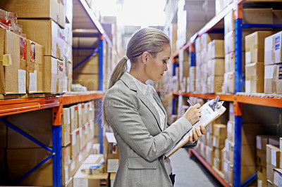 Buy stock photo Writing, clipboard or business woman at a warehouse for logistics, planning or inventory. Admin, factory or employee with cargo, checklist or stock storage compliance documents for quality assurance