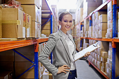 Buy stock photo Businesswoman, warehouse and clipboard in portrait for management of logistics, shipping or packaging process. Girl, factory and products in storage for retail, delivery or distribution to store