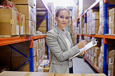 Buy stock photo Portrait, clipboard or business woman at a warehouse for logistics, planning or inventory. Face, factory or employee with cargo, checklist or stock storage compliance documents for quality assurance