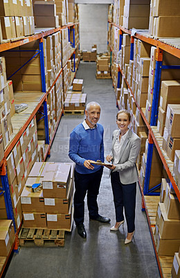 Buy stock photo Logistics, clipboard and business people at a warehouse with top view planning, teamwork or delivery checklist. Retail, online shopping and factory team with compliance documents for cargo storage