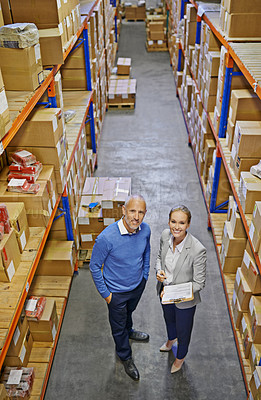 Buy stock photo Portrait, warehouse and man with woman, clipboard and documents with shipping form and industry. Paperwork, supply chain and manufacturing with teamwork or boxes with stock or logistics with storage