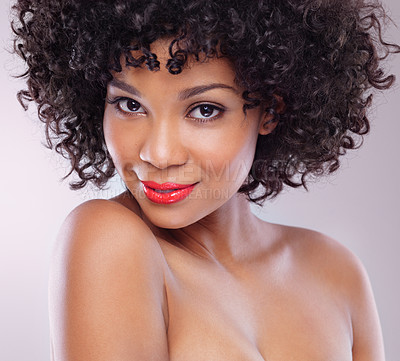 Buy stock photo Skincare, beauty and portrait of black woman with makeup, afro and smile with confidence in studio. Dermatology, facial cosmetics and happy model girl with red lipstick isolated on white background