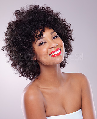 Buy stock photo Skincare, beauty and portrait of black woman with cosmetics, afro and smile with confidence in studio. Dermatology, facial makeup and happy model girl with red lipstick isolated on white background