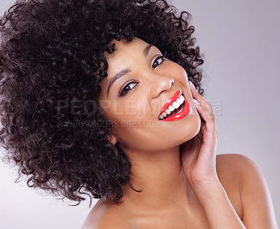 Buy stock photo Smile, beauty and portrait of black woman with makeup, afro and skincare with confidence in studio. Dermatology, facial cosmetics and happy model girl with red lipstick isolated on white background