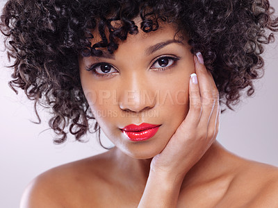 Buy stock photo Confidence, beauty and portrait of black woman with lipstick, afro and skincare in studio. Dermatology, facial cosmetics and face of model girl with makeup aesthetic isolated on white background