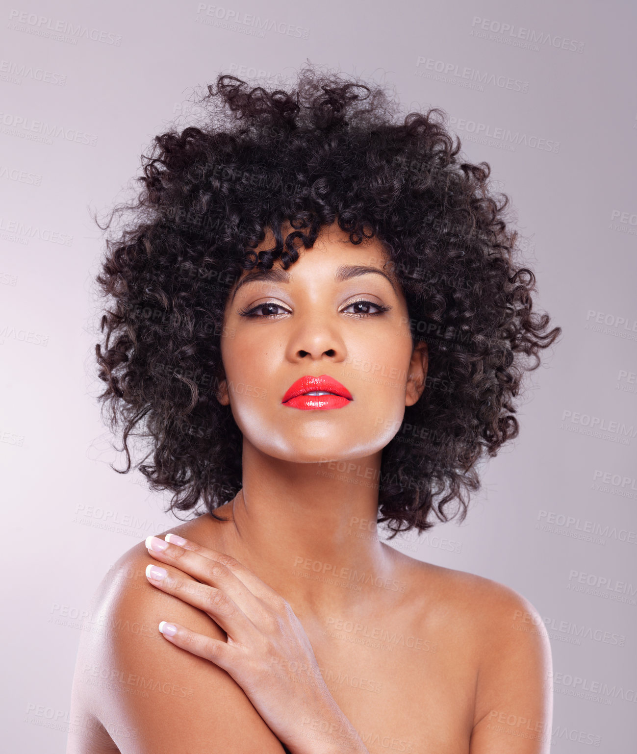 Buy stock photo Skincare, beauty and portrait of black woman with red lipstick, afro and pride with confidence in studio. Dermatology, facial cosmetics and model with makeup aesthetic isolated on white background