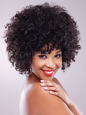 Buy stock photo Skincare, beauty and portrait of black woman with cosmetics, afro and smile with confidence in studio. Dermatology, facial makeup and happy model girl with red lipstick isolated on white background