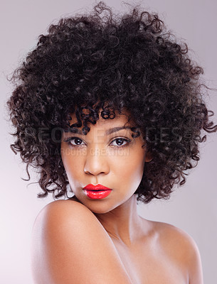 Buy stock photo Skincare, beauty and serious portrait of black woman with makeup, afro and confidence in studio. Dermatology, facial cosmetics and African model girl with red lipstick isolated on white background