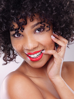 Buy stock photo Skincare, smile and portrait of black woman with makeup, afro and beauty with confidence in studio. Dermatology, facial cosmetics and happy model girl with red lipstick isolated on white background