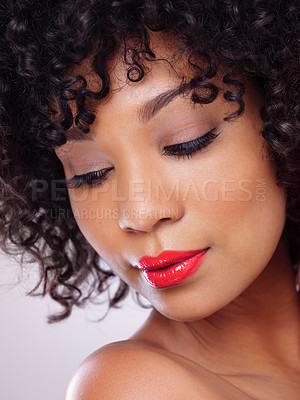 Buy stock photo Skincare, beauty and face of black woman with makeup, afro and luxury aesthetic in studio. Dermatology, facial cosmetics and confident African model girl in red lipstick isolated on white background