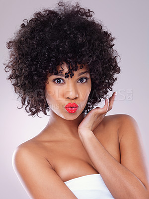 Buy stock photo Face, lipstick and pout of african woman in studio on white background for makeup and cosmetics. Black female, model, and kiss with lip filler for facial treatment, skincare routine and dermatology 