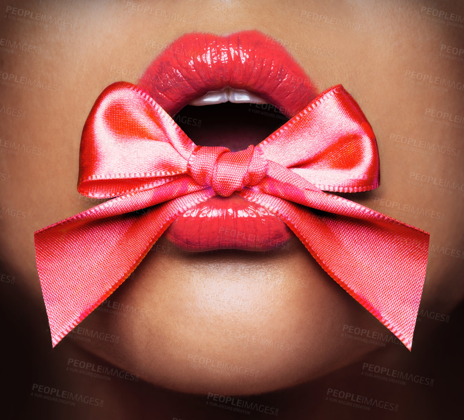 Buy stock photo Lips, closeup and ribbon of female person, lick and beauty and makeup on white background. Lipstick, cosmetics and mouth of with woman model, material or bow and lipgloss for cosmetology or sensual