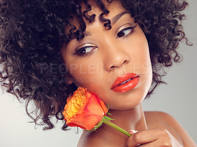 Buy stock photo Vision, closeup and woman with flower, plant and rose for fragrance, scent and makeup for sustainable cosmetics. Girl, happy and portrait for beauty with eco friendly, floral and organic skin care