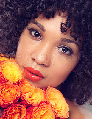 Buy stock photo Headshot, portrait and woman with flowers, plants and bouquet for fragrance, scent and makeup for sustainable cosmetics. Girl, zoom and face for beauty with eco friendly, floral and organic skin care