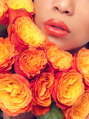 Buy stock photo Mouth, zoom and woman with flowers, plants and bouquet for fragrance, scent and makeup for sustainable cosmetics. Girl, rose and lips for beauty with eco friendly, floral and organic skin care