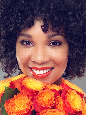 Buy stock photo Smile, face and woman with flowers, plants and bouquet for fragrance, scent and makeup for sustainable cosmetics. Girl, happy and portrait for beauty with eco friendly, floral or organic skin care