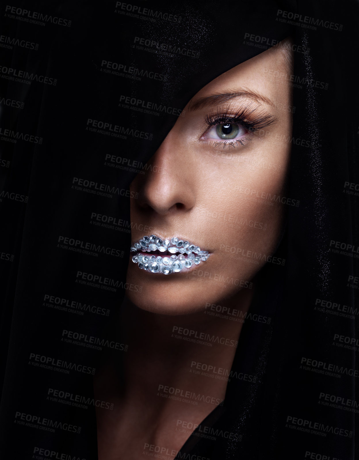 Buy stock photo Fashion, portrait and woman with crystal on lips in studio with jewelry on skin isolated on a black background. Diamond, face and serious model with creative makeup for beauty, cosmetics or eyelashes