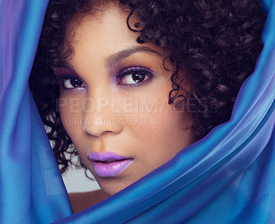 Buy stock photo Makeup, beauty and portrait of female person, material or scarf around face for cosmetics. Lipstick, studio and drape for African woman model with closeup, curly and hair for self care and skincare