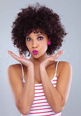 Buy stock photo Face, beauty and portrait of black woman in studio on gray background for makeup, skincare or cosmetics. Young female, model pouting and pink lipstick or eyeshadow and natural hair confidence