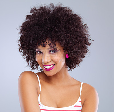 Buy stock photo Beauty, makeup and smile portrait of female person on studio white background. Face, lipstick and cosmetic and afro for happy African woman model, cosmetology or skincare for natural aesthetic