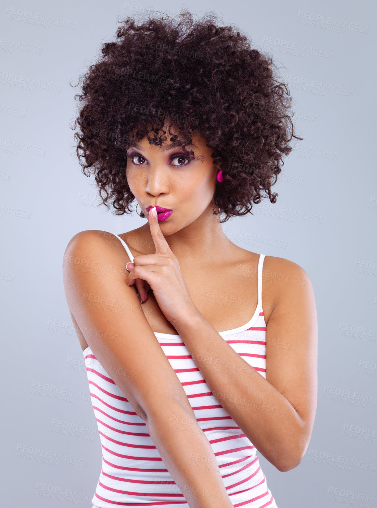 Buy stock photo Studio, face and quiet for female person, beauty and makeup isolated on white background. Portrait, cosmetic or gesture for silence with afro woman model, cosmetology or skincare or facial aesthetic