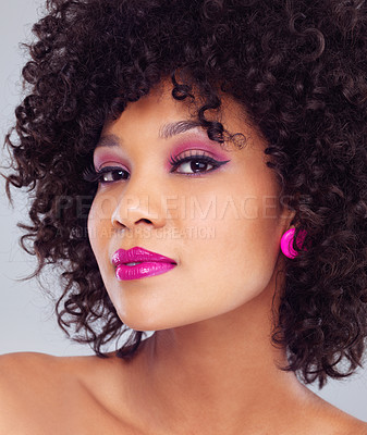 Buy stock photo Makeup, beauty and portrait for woman, haircare and cosmetics on studio background. Cosmetic, face and pink lipstick with curly hairstyle for happy African female model, cosmetology and closeup