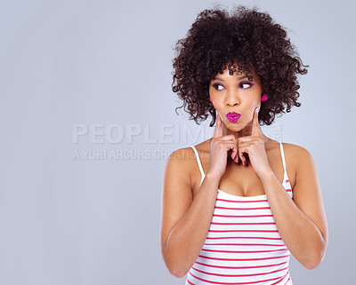 Buy stock photo Studio, pose and hands for female person, face and beauty with makeup on white background. Lipstick, cosmetic and fingers on checks with afro woman model, cosmetology or skincare with mockup space 