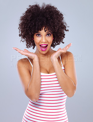 Buy stock photo Beauty, wow and portrait of black woman in studio for natural skincare, floral cosmetics or dermatology on gray background. Lipstick, hand gesture and model for makeup, glowing skin or eyeshadow