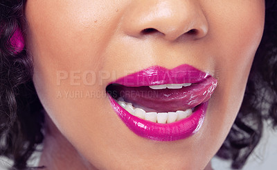 Buy stock photo Lips, closeup and tongue of female person, lick and beauty and makeup isolated on white background. Lipstick, cosmetics and mouth with woman model, teeth and lipgloss for cosmetology or studio