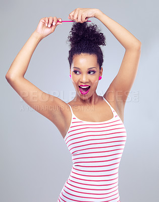 Buy stock photo Comb, shocked and haircare for female person, afro and hairstyle on white background. Surprise, cosmetics and brush for curly hair woman model, arms and up for self care and grooming treatment