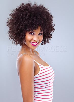 Buy stock photo Portrait, beauty and smile for female person, haircare and cosmetics isolated on white background. Confidence, makeup and salon treatment for African woman model, curly hairstyle or afro in studio