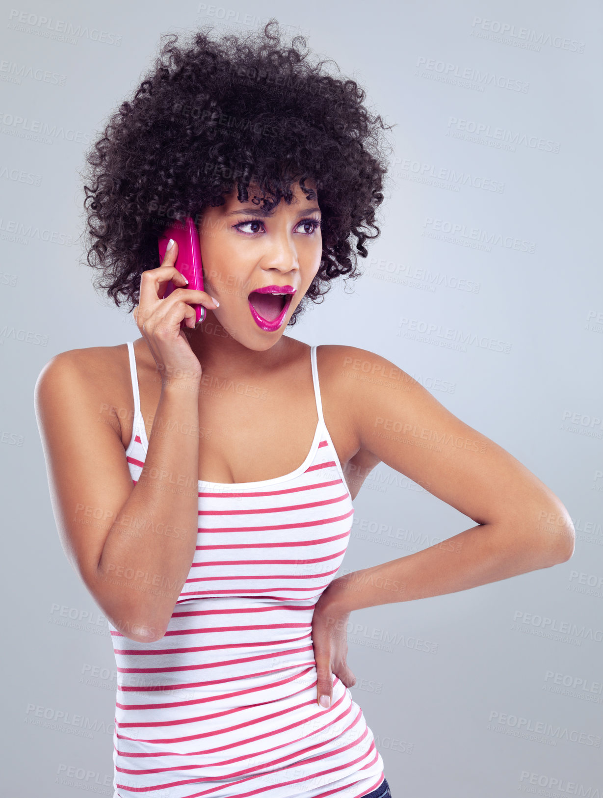 Buy stock photo Black woman, cellphone for phone call and surprise announcement with news and lipstick on white background. Contact, chat and tech with afro hairstyle and pink makeup, wow or shock with reaction