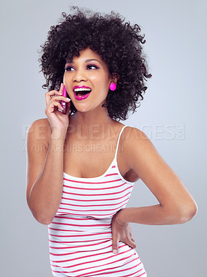 Buy stock photo Black woman, cellphone for surprise phone call and communication, listening and lipstick on white background. Contact, chat and tech with afro hairstyle and pink makeup, app and wow for conversation