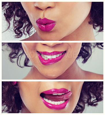 Buy stock photo Closeup shot of a woman licking her lipstick lips