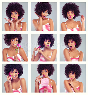 Buy stock photo Collage, black woman or afro in fun, energy of inspiration in beauty, hair styling or self care. Gen z girl, glow or montage as makeup, vision or idea to imagine, confident or creative transformation