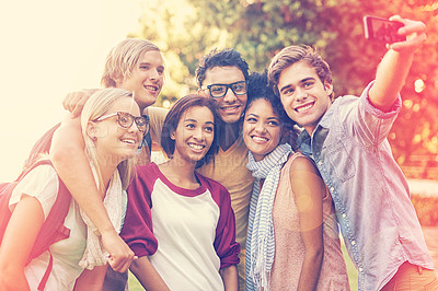Buy stock photo University, diversity and selfie in the park with friends on campus together and students with social media. College, academy and people with support, community and happiness in education with group