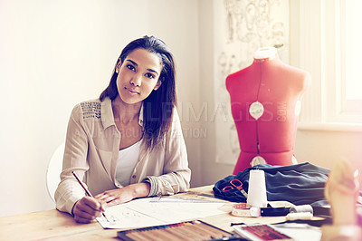Buy stock photo Fashion, sketch and portrait of designer in workshop with creative planning on paper for clothes in boutique. Stylist, woman and drawing process on table in studio with ideas for textile garment